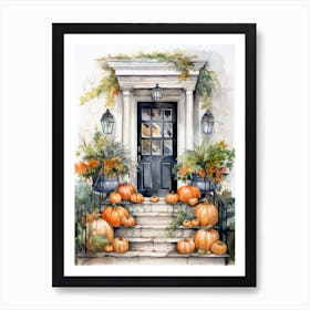 Door with Halloween decorations - watercolor Art Print