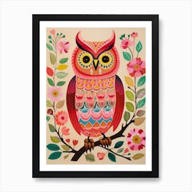 Pink Scandi Eastern Screech Owl 4 Art Print