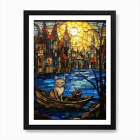 Mosaic Of A Cat On A Medieval Boat Art Print