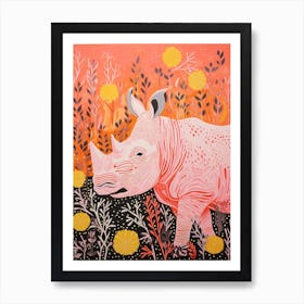 Abstract Linocut Inspired Orange Rhino 1 Art Print