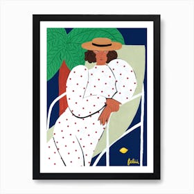 Boater Hat & Polka Dot Dress On A Summer Night Art Print
