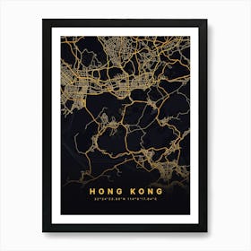 Hong Kong Black And Gold Map Art Print