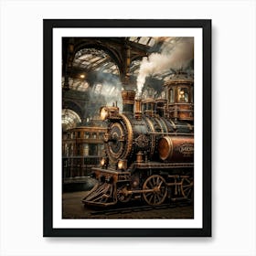 Steampunk Train Brass And Copper Embellishments Gears Visible Beneath Glass Panels Steam Billowin 1 Art Print