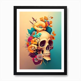 Skull With Tattoo Style Artwork 1 Primary Colours Vintage Floral Art Print