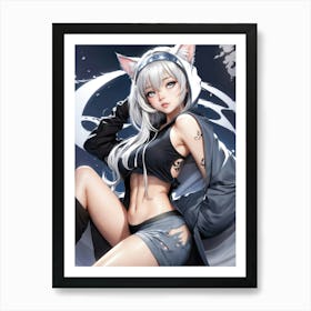 A stunning cosplay pose with a beautiful anime girl donning cat ears, blending kawaii charm with cyberpunk allure — a fantasy of cute and sexy waifu. Art Print