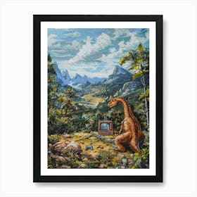 Dinosaur Playing Video Games In The Wild Painting Art Print