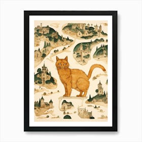 Medieval Map Of Castles & Ginger Cat 2 Art Print