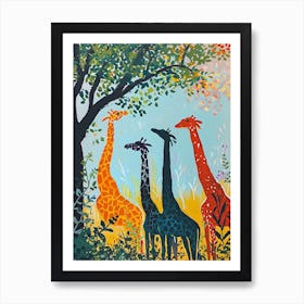 Cute Giraffe Herd Under The Trees Illustration 8 Art Print