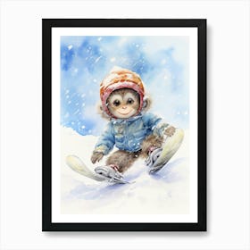 Monkey Painting Snow Boarding Watercolour 1 Art Print