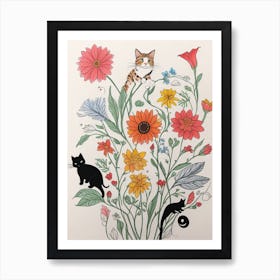 Black Cats And Flowers Art Print