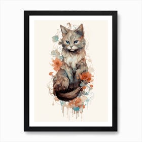 Abstract Inks Watercolor Cat With Flowers Art Print