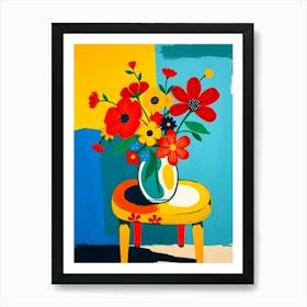 Colourful Flowers In Vase On Table Art Print
