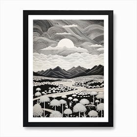 Aso Caldera In Kumamoto, Ukiyo E Black And White Line Art Drawing 4 Art Print