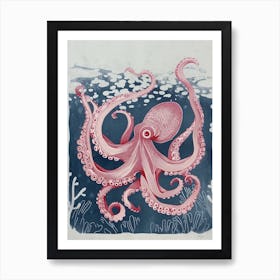 Navy Blue & Red Linocut Inspired Octopus 5 Art Print