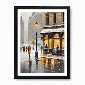 Paris cafes, winter season, Christmas, autumn oil colors, pale colors, pedestrians in the street, winter clothes, falling snow.Christmas decorations.1 Art Print