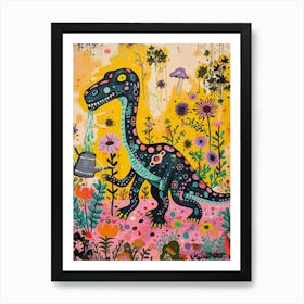 Dinosaur In The Garden Colourful Brushstroke 1 Art Print