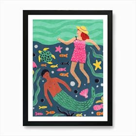 Swimming Sea Mermaid Woman Art Print