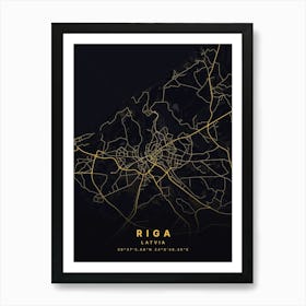 Riga Latvia Black And Gold Map Art Print