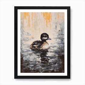Black & White Painting Of Duckling Gliding Along The Pond 4 Art Print