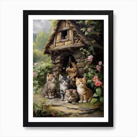 Cute Cats In Front Of A Medieval Cottage 2 Art Print