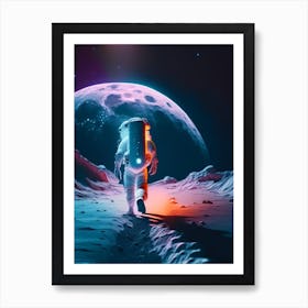 Astronaut Walking On Moon Neon Nights Art Print