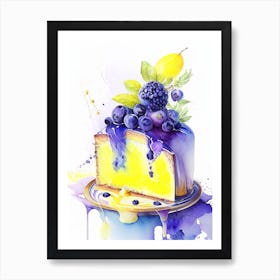 Lemon Pound Cake With Blueberry Sauce Dessert Storybook Watercolour 2 Flower Art Print