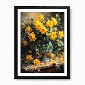 Vase of Yellow Roses | Dark Cottagecore Gloomy Beautiful Oil Painting Art Print