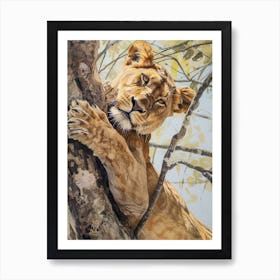 African Lion Climbing A Tree Acrylic Painting 2 Art Print