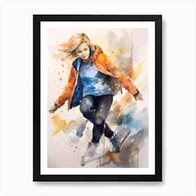 Girl Skateboarding In Malmö, Sweden Watercolour 2 Art Print