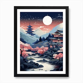 Winter Travel Night Illustration Hakone Japan 1 Art Print