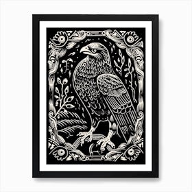 B&W Bird Linocut Hawk 2 Art Print
