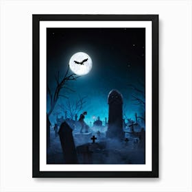 A Zombie Hand Breaking Through The Earth In A Dark Cemetery Fear Palpable In The Scarey Silhouette Art Print