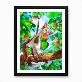 Calico cat eatinh a peach Art Print