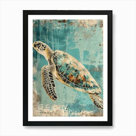 Blue Sea Turtle Textured Painting Art Print