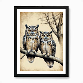 Owls On A Branch 1 Art Print