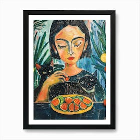Portrait Of A Girl With Cats Eating Tacos 2 Art Print