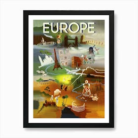 Europe from Above, Tourist Attractions, Vintage Travel Poster Art Print