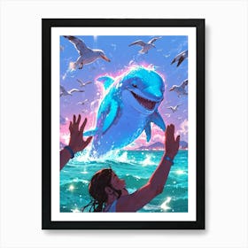 Dolphins And Seagulls Art Print