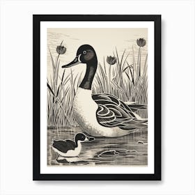 B&W Bird Linocut Canvasback 2 Art Print