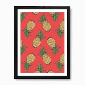 Pineapples On Red Fabric Art Print