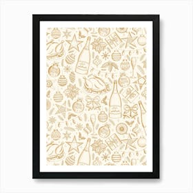 Holiday Dinner Toile Vintage Style Christmas Dinner Gold and Cream Art Print