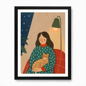 Woman Holding a Cat at Home on A Couch Sofa and Lamp Art Print