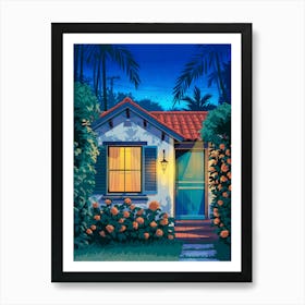 Anime Canvas Art: Cozy Tropical House with Glowing Window, Red-Tiled Roof, and Dense Jungle, Perfect for Lofi Aesthetic and Tranquil Nature Lovers. Art Print