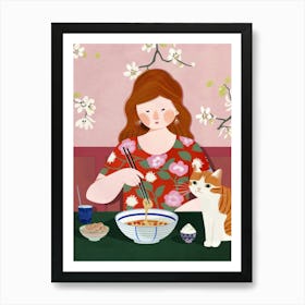 Girl Eating Ramen With A Cat Art Print