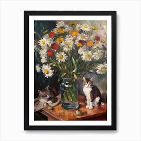 Flower Vase Daisies With A Cat 2 Impressionism, Cezanne Style Art Print