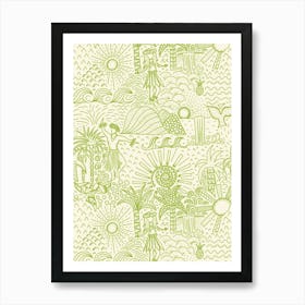 Hawaiian Toile Polynesian Hula Dance Tropical Landscape Lime Green Cream White Art Print