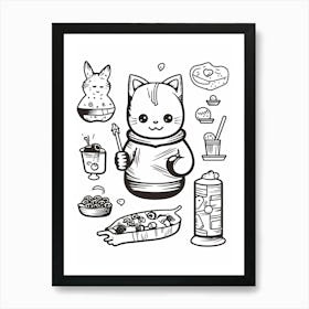 Cat And Sushi Black And White Line Art 3 Art Print