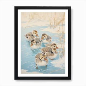 Ducklings In The Icy Water Japanese Woodblock Style 3 Art Print