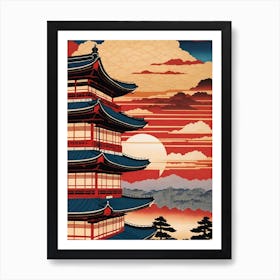 Japanese Pagoda Sunset Art Print