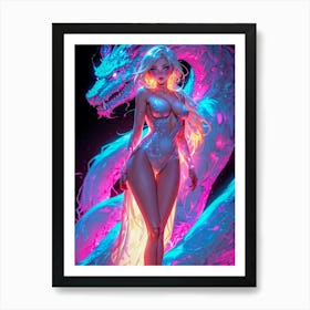 Neon Dragon allure — a Japanese beauty with dragon traits, she entices with her sexy curves and captivating female charm. Art Print